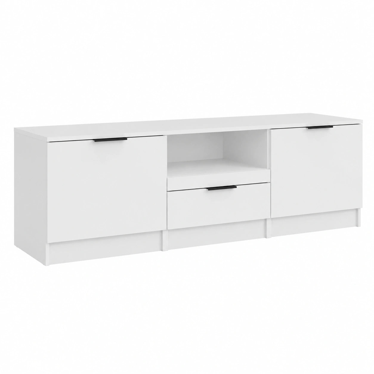 Mobile Porta TV Bianco Moderno in Legno, 140x35x40 cm, Compatibile con TV fino a 60", Ripiani Integrati per Soggiorno