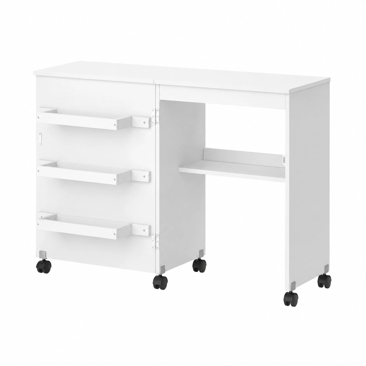 Tavolo da Cucito Pieghevole Carmen con Ripiani e Ruote, Bianco 118x77.5 cm