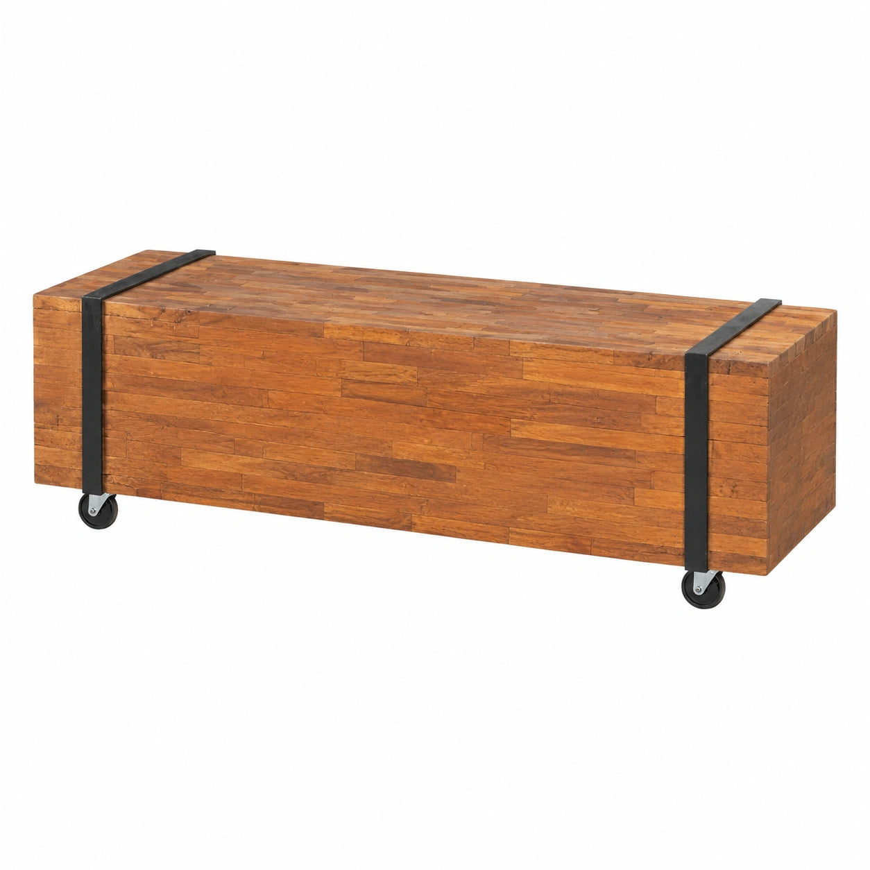 Tavolino industriale in teak massiccio, 110x30x32,5 cm, con ruote e cinture nere, multiuso come mobile TV o tavolino da caffè