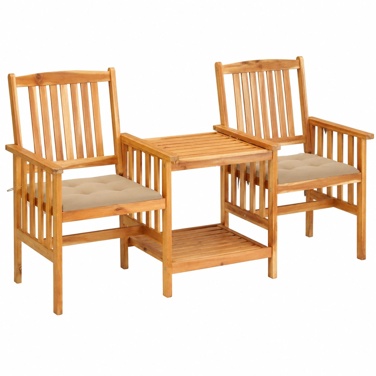 Set arredo giardino in legno di acacia con divano, tavolino e cuscini