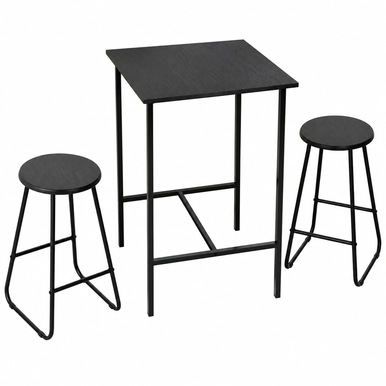 Set Tavolo da Bar Moderno con 2 Sgabelli, Legno e Metallo, 60x60x100 cm, Nero