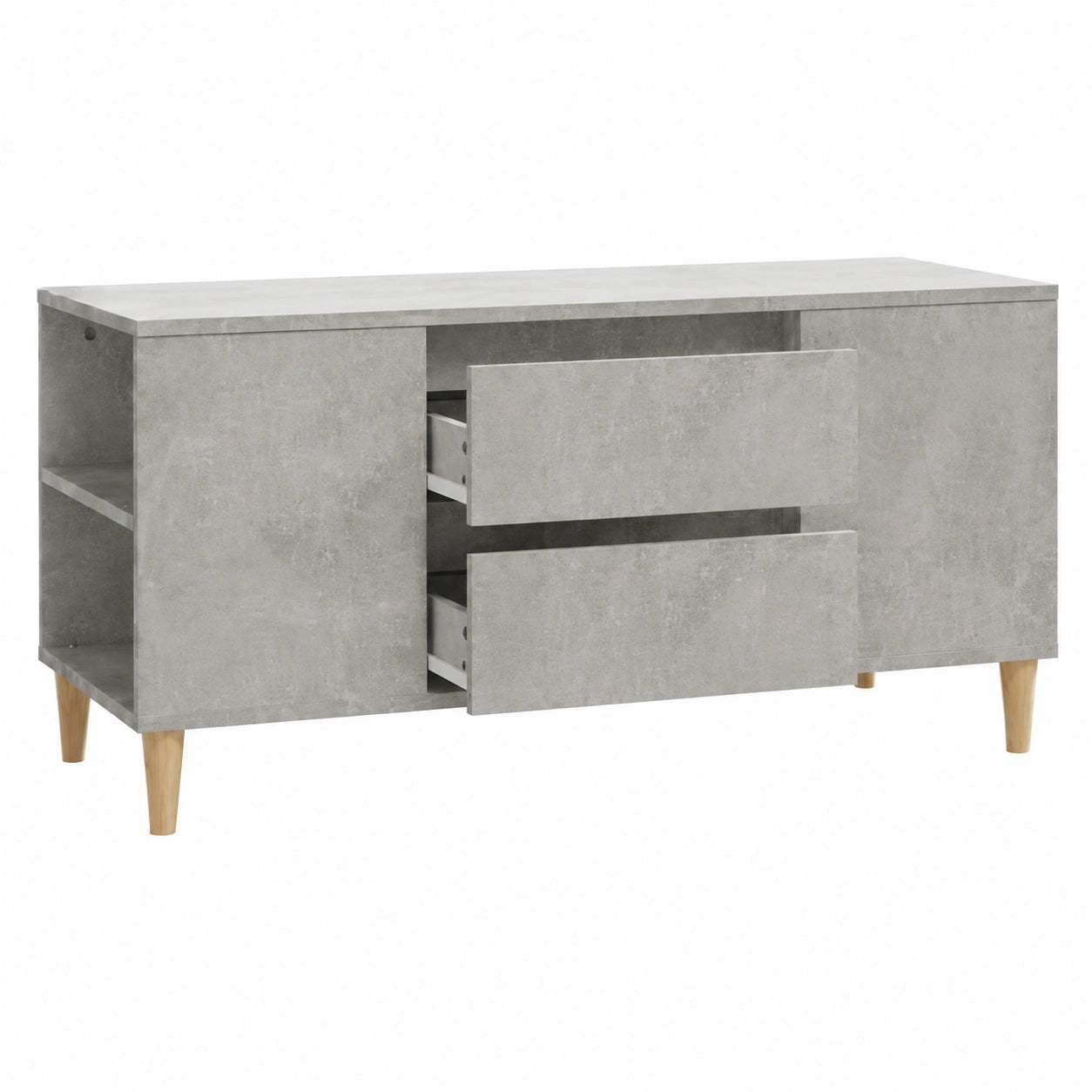 Mobile Porta TV in Legno di Eucalipto Grigio Cemento, 102x45x50cm, con 4 Vani Aperti, 2 Cassetti, Stile Scandinavo per Soggiorno