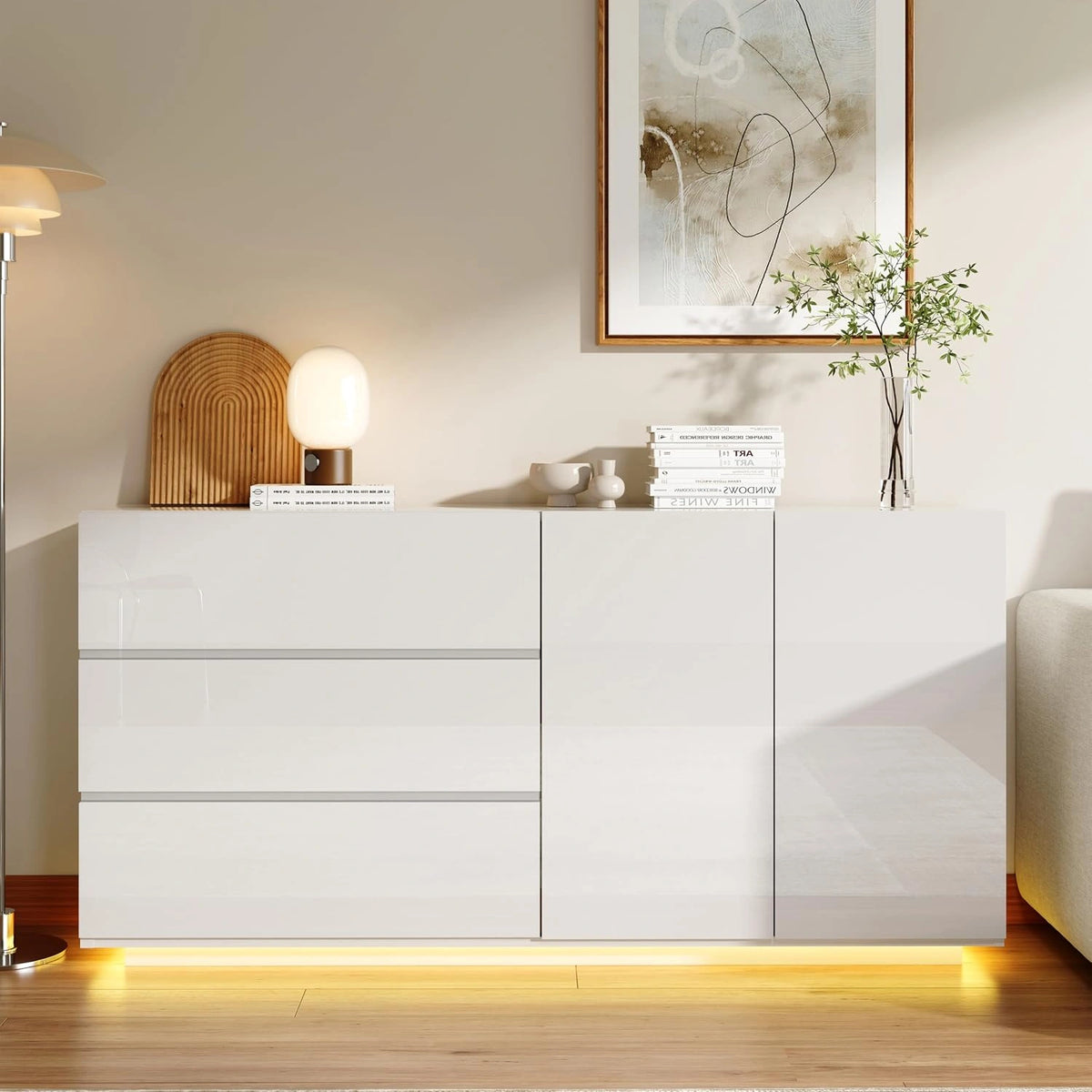 Cassettiera, Letto, 160 cm, a LED, Bianco
