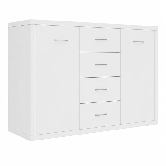 Credenza Moderna 88x30x65 cm, Legno Bianco, 4 Cassetti e 2 Ante, Mobile Sala e Camera, Spazio di Archiviazione Elegante