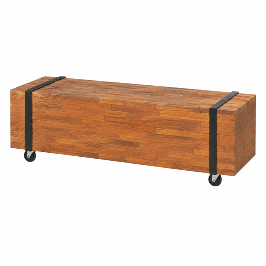 Tavolino industriale in teak massiccio, 110x30x32,5 cm, con ruote e cinture nere, multiuso come mobile TV o tavolino da caffè