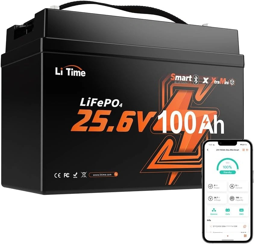 LiTime, Batteria ricaricabile, 24V, 100Ah, con Bluetooth