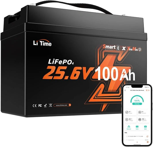LiTime, Batteria ricaricabile, 24V, 100Ah, con Bluetooth