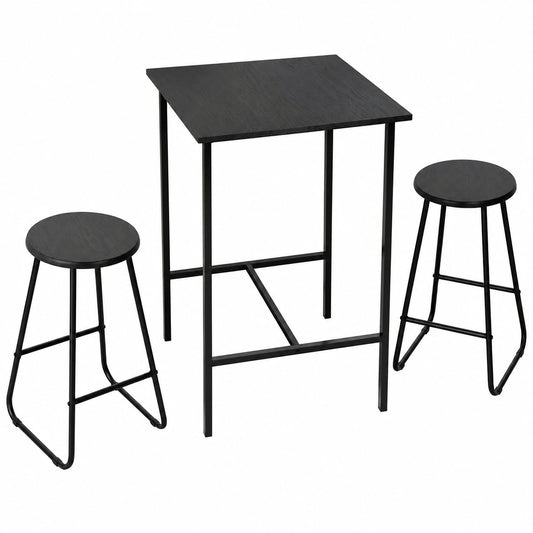Set Tavolo da Bar Moderno con 2 Sgabelli, Legno e Metallo, 60x60x100 cm, Nero