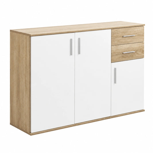 Credenza Moderna 3 Ante 2 Cassetti, Design Minimalista per Soggiorno e Ufficio, Colore Quercia e Bianco