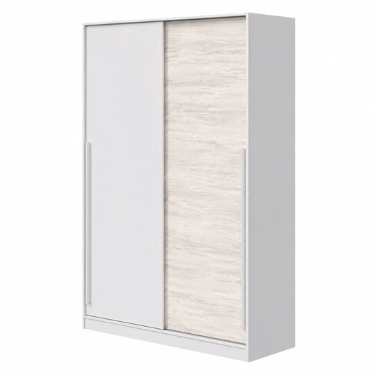 Armadio Scorrevole Salvaspazio Stile Nordico con Appendiabiti e Ripiani, 200x120x50 cm, Bianco e Rovere