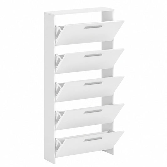 Scarpiera Moderna 5 Ante A Ribalta, Design Slim Salvaspazio, Maniglie Alluminio, 187x68.5x28 cm Bianca