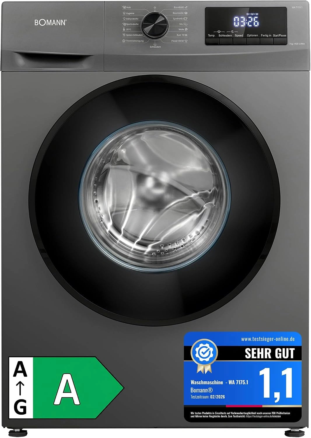 Bomann, Lavatrice, 7 kg, con display digitale, con tecnologia inverter, a LED