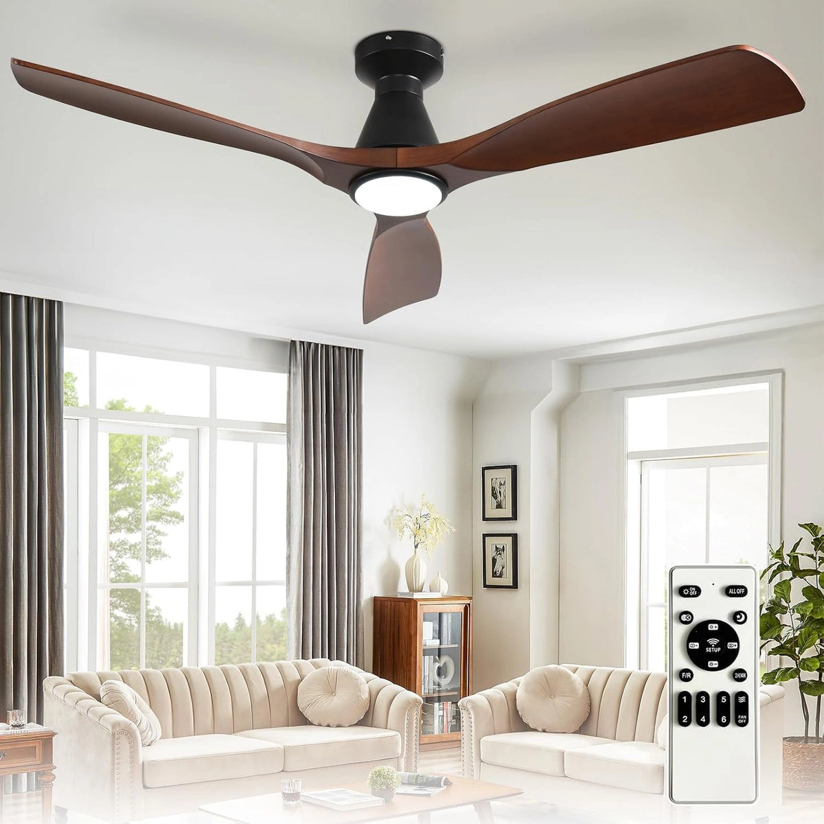 Depuley, Ventilatore da soffitto, 132 cm, portatile, regolabile, con controllo intelligente, Marrone