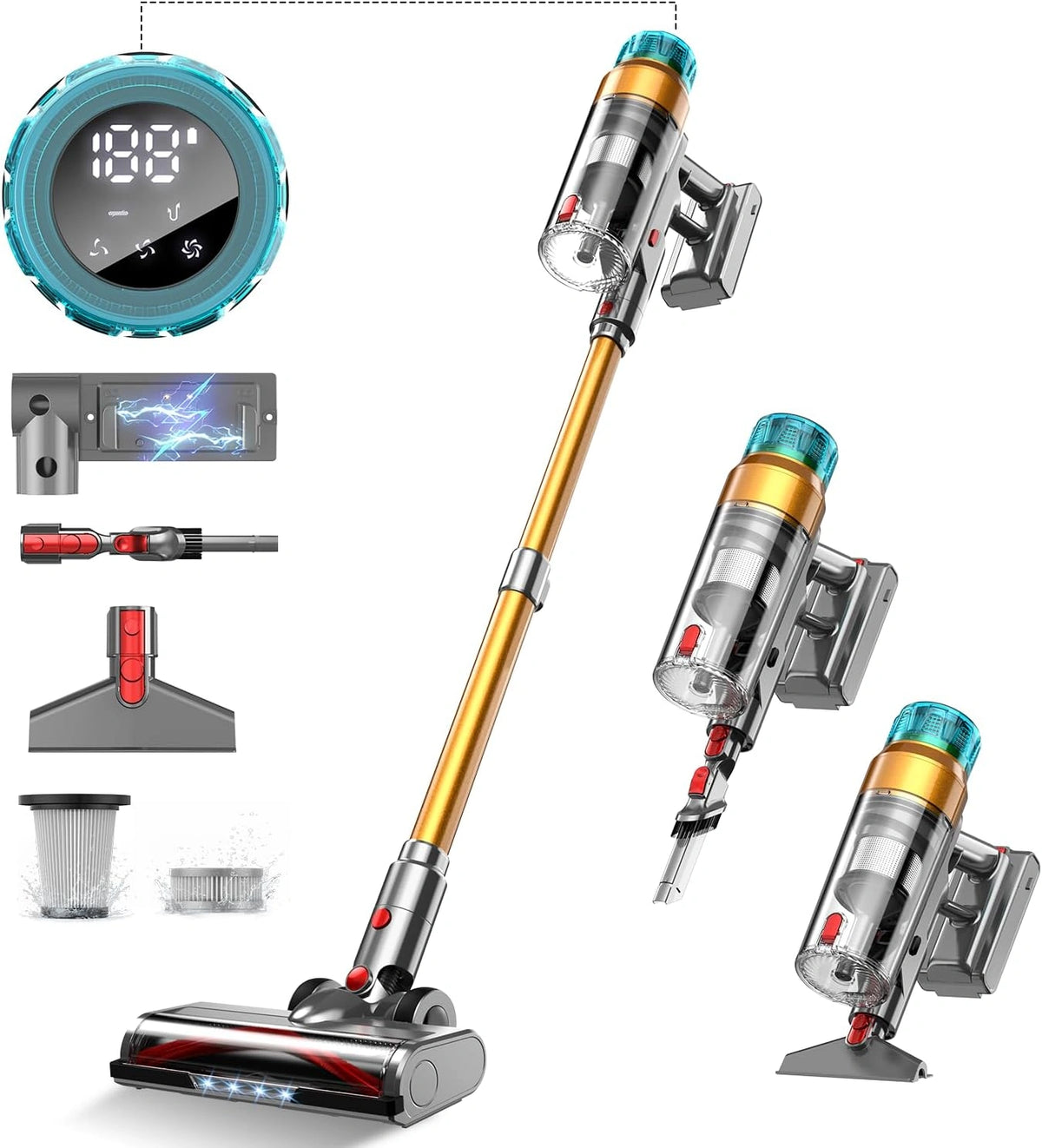 Aspirapolvere, 600W, con display digitale, senza fili, con controllo intelligente, Oro