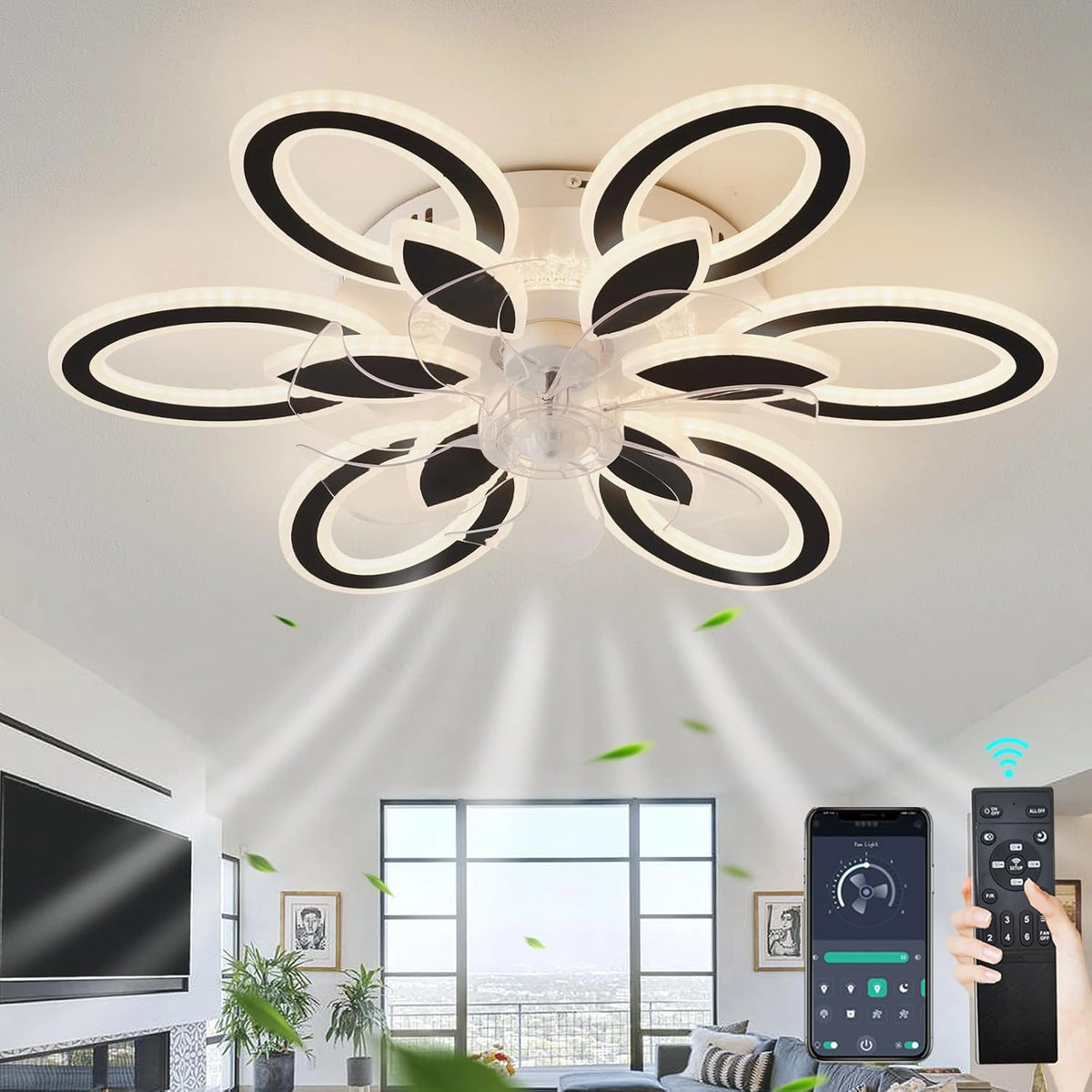 LED, Ventilatore da soffitto, con telecomando, con timer, a LED, Nero